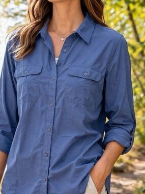 Eddie Bauer Ripstop Button-Front Long Sleeve Top - Slate Blue